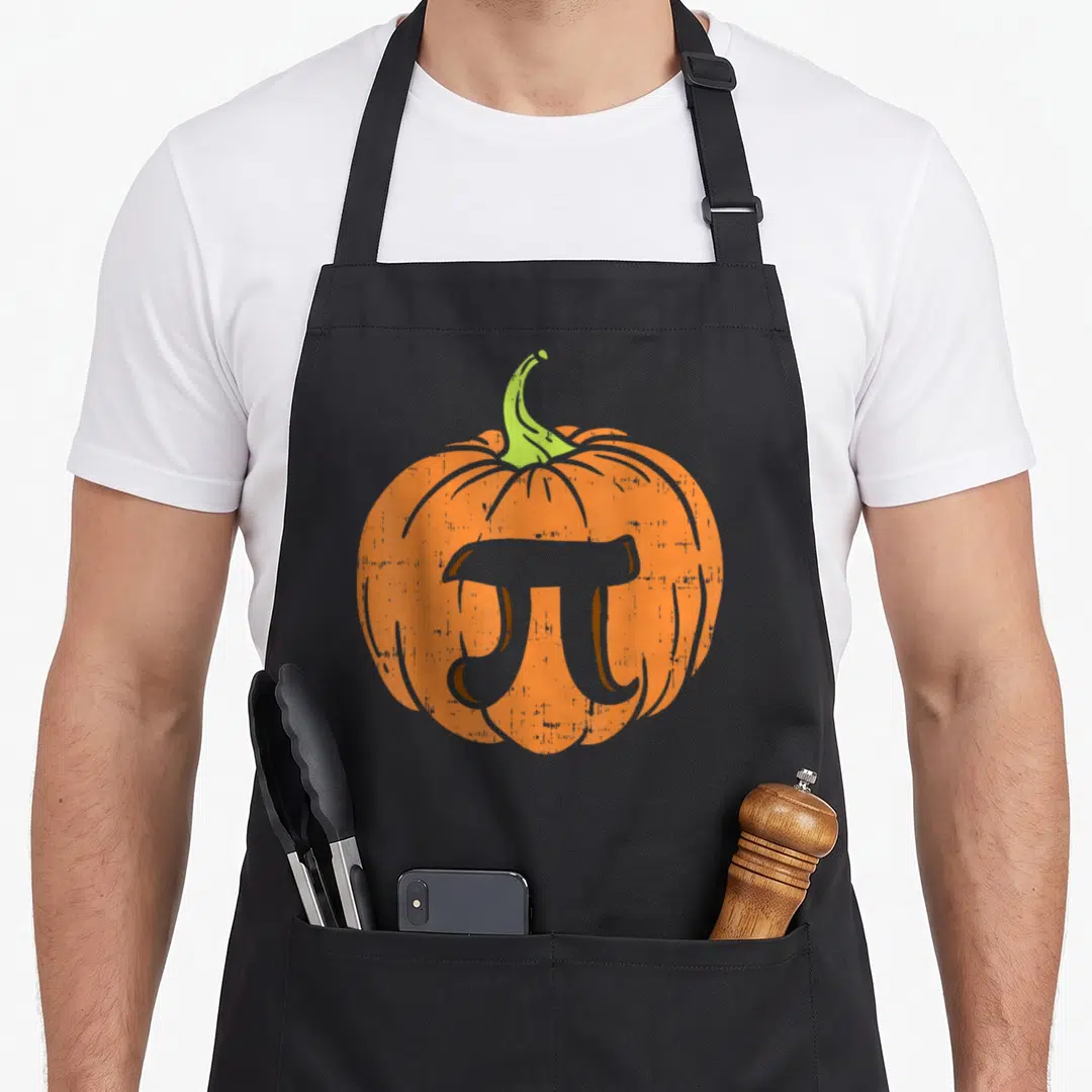 Math thanksgiving day aprons - Distressed orange pumpkin with grey pi symbol and green stem — shown on a black cotton canvas apron against a white background