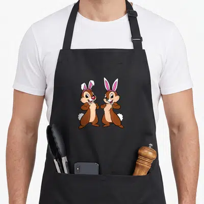 Essential spring apron - Two cartoon chipmunks in pink bunny ears standing side by side — shown on a black cotton canvas apron against a white background