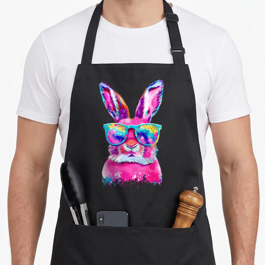 Face tie-dye apron - Watercolor rabbit head wearing sunglasses in pink, purple, blue, and yellow — shown on a black cotton canvas apron against a white background