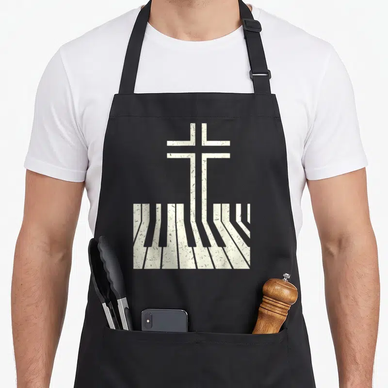 Christian teacher apron - Minimalist off-white cross merging into fanned piano keys — shown on a black cotton canvas apron against a white background