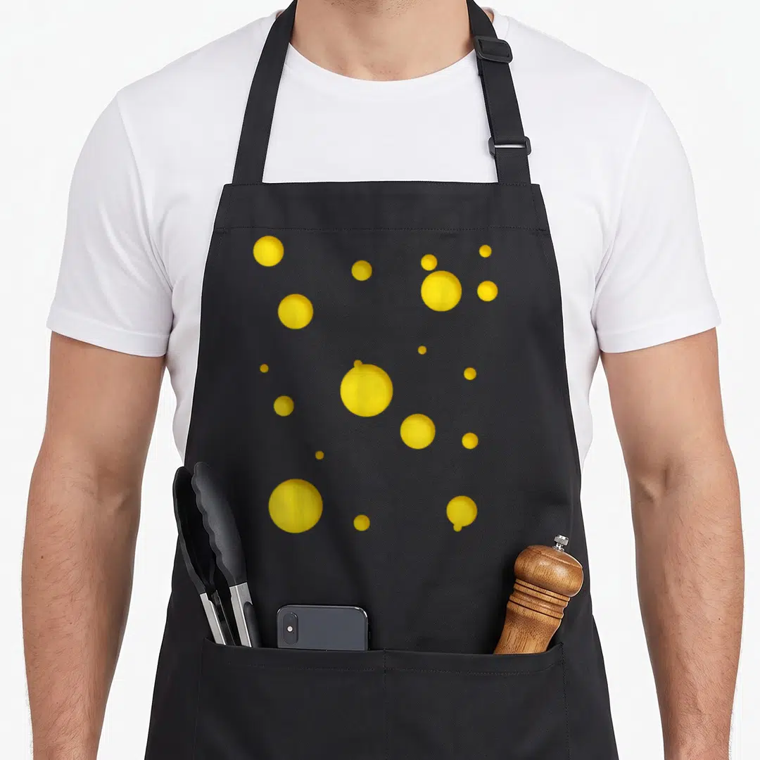 Halloween swiss apron - Scattered yellow circles of varying sizes on grey background — shown on a black cotton canvas apron against a white background