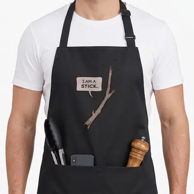 Stormlight novelty apron - Cartoon brown stick with speech bubble saying I AM A STICK on grey background — shown on a black cotton canvas apron against a white background