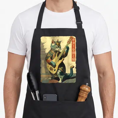 Princess cat apron - Realistic cat in traditional robes playing electric guitar with vertical Japanese text on right — shown on a black cotton canvas apron against a white background