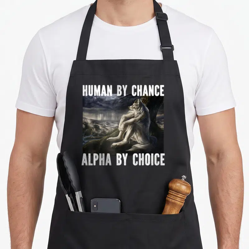 Cringe meme apron - Realistic werewolf sitting between HUMAN BY CHANCE ALPHA BY CHOICE text — shown on a black cotton canvas apron against a white background