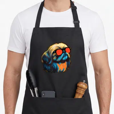 Sunglass pekingese dog apron - Cartoon Pekingese head with blue and orange fur wearing red sunglasses — shown on a black cotton canvas apron against a white background