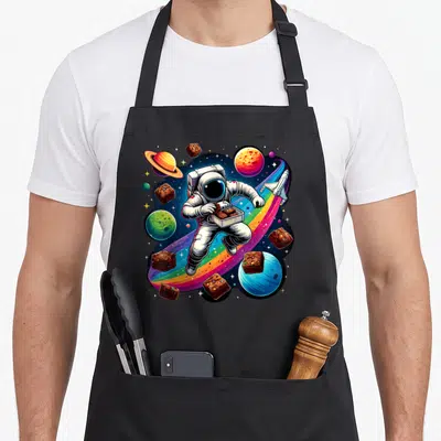 Space brownies apron - Cartoon astronaut holding brownie tray floating near planets and rainbow trail — shown on a black cotton canvas apron against a white background
