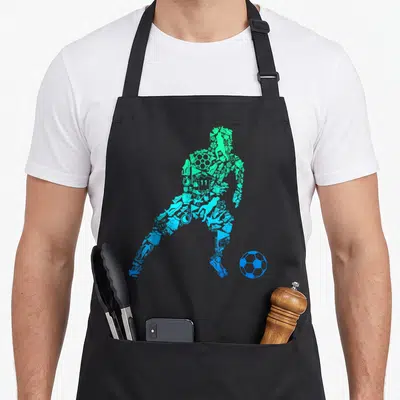 Retro player football apron - Green and blue mosaic soccer player silhouette with number 11 jersey and ball — shown on a black cotton canvas apron against a white background