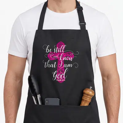 God psalm apron - Pink ornate cross with white script be still and know that I am God Psalms 46:10 — shown on a black cotton canvas apron against a white background