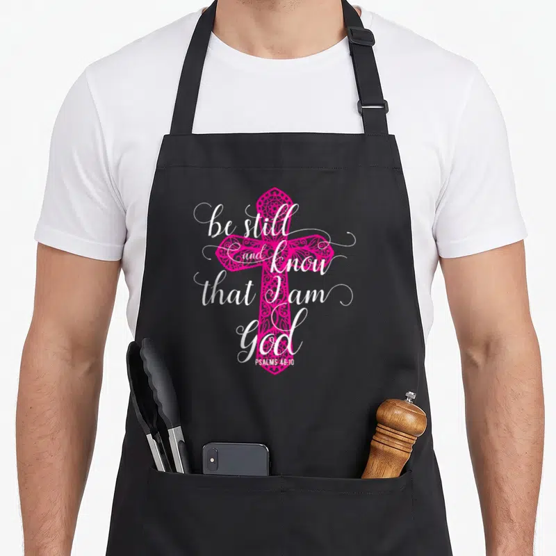 God psalm apron - Pink ornate cross with white script be still and know that I am God Psalms 46:10 — shown on a black cotton canvas apron against a white background