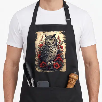 Nocturnal the floral apron - Realistic owl illustration with red flowers on a distressed beige rectangular background — shown on a black cotton canvas apron against a white background
