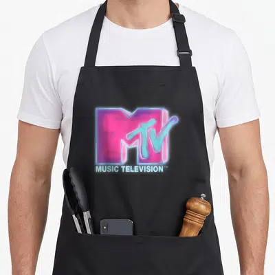 Blue mtv apron - Pink 3D M logo with blue TV script and white Music Television text below — shown on a black cotton canvas apron against a white background