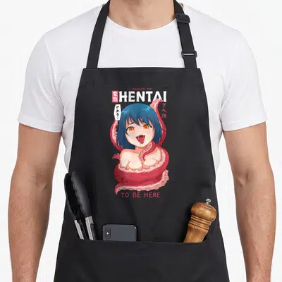 Tentacle anime apron - Anime girl with blue hair wrapped in red tentacles surrounded by English and Japanese text — shown on a black cotton canvas apron against a white background