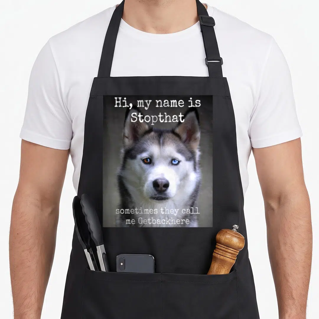 Stopthat husky apron - Husky head photo with white text Hi my name is Stopthat sometimes they call me Getbackhere — shown on a black cotton canvas apron against a white background