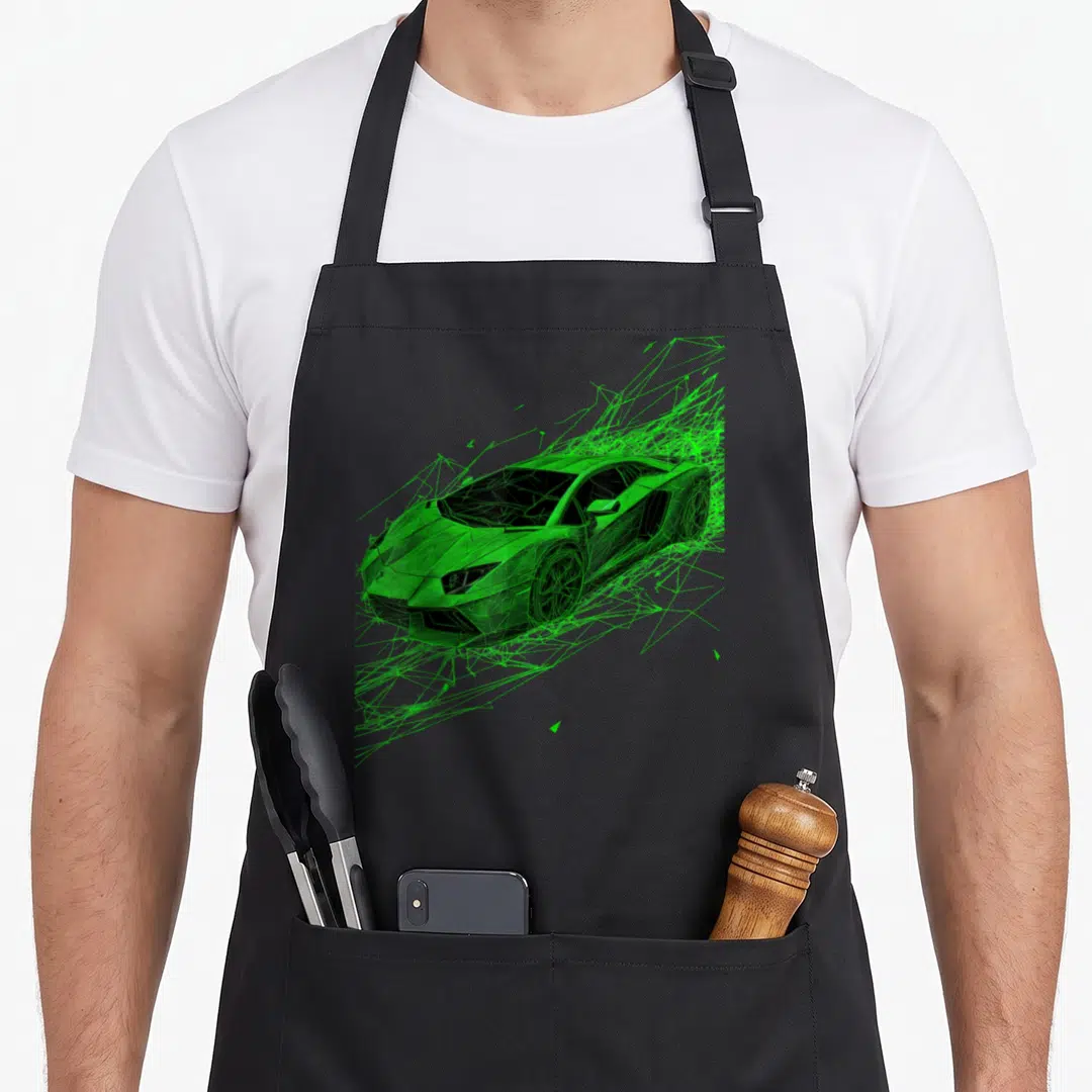 Sport lime green apron - Stylized green wireframe car with scattered geometric motion lines — shown on a black cotton canvas apron against a white background