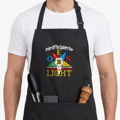 Light oes apron - Five-pointed star in blue red yellow green white with altar book and Order of Eastern Star text — shown on a black cotton canvas apron against a white background