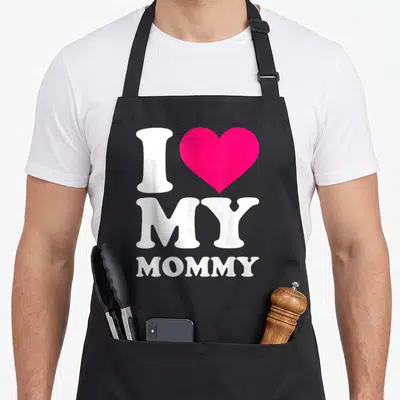 Funny gerbil mom apron - White I MY MOMMY text with pink heart on black background — shown on a black cotton canvas apron against a white background