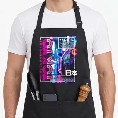 Racing japan apron - Neon Tokyo car photo with vertical pink lettering, Japanese text box, and descriptive paragraph — shown on a black cotton canvas apron against a white background