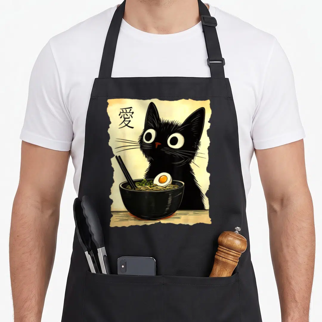 Japanese cat apron - Black cat behind ramen bowl with kanji character meaning love on beige paper texture — shown on a black cotton canvas apron against a white background