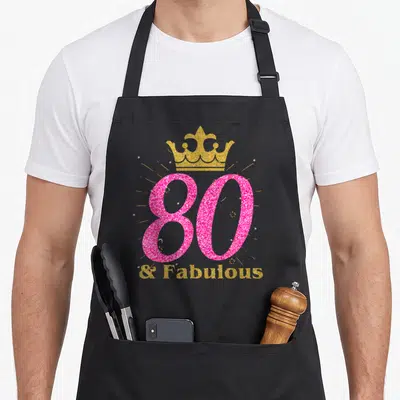 80th fabulous queen apron - Pink glittery number 80 with gold crown and text & Fabulous below — shown on a black cotton canvas apron against a white background