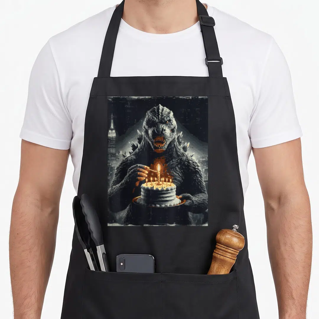 Japanese cake apron - Realistic grey Godzilla holding a white birthday cake with orange candles in front of a city — shown on a black cotton canvas apron against a white background