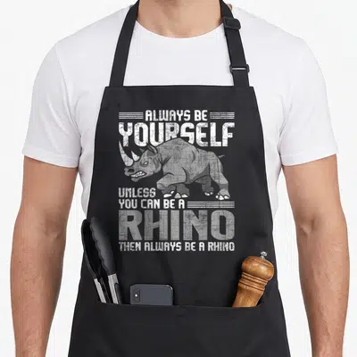 Alway dead yet apron - Grey rhino illustration with white distressed text ALWAYS BE YOURSELF UNLESS YOU CAN BE A RHINO — shown on a black cotton canvas apron against a white background