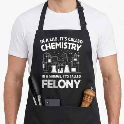 Lab chemistry apron - White distressed text and connected lab glassware illustration with bubbles — shown on a black cotton canvas apron against a white background