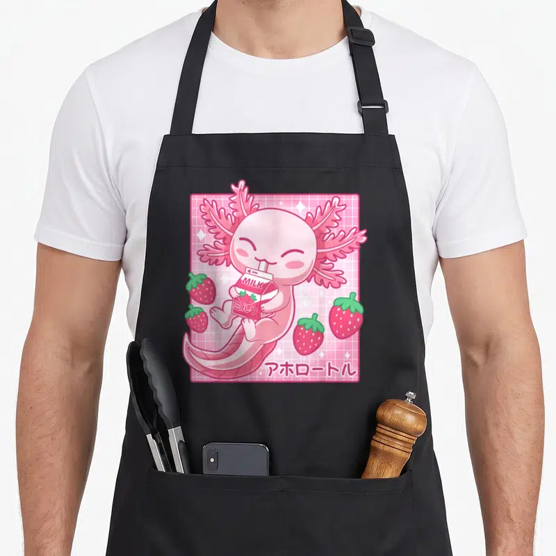 Kawaii strawberry apron - Pink axolotl holding strawberry milk carton on pink grid with Japanese text — shown on a black cotton canvas apron against a white background