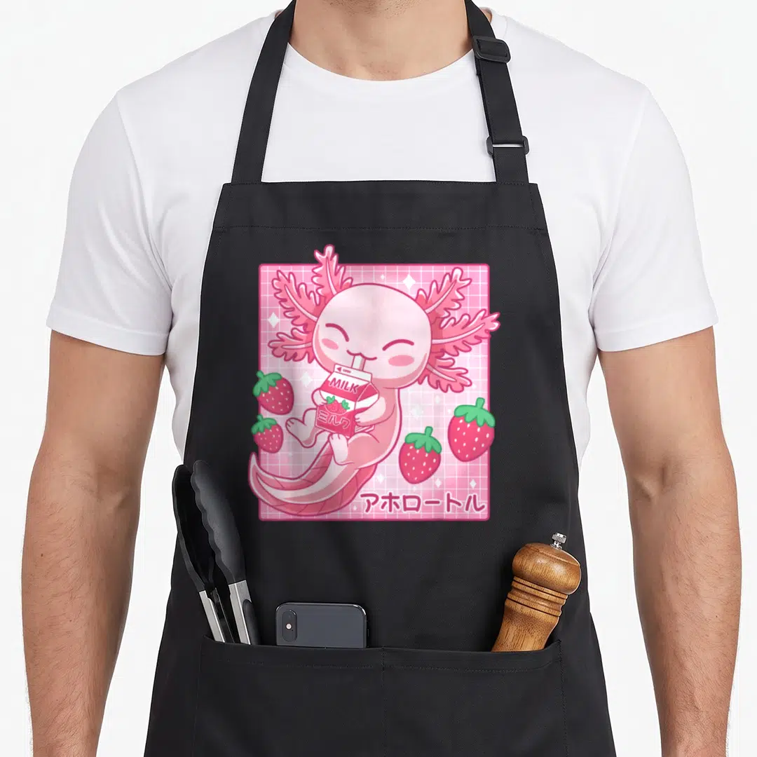 Kawaii strawberry apron - Pink axolotl holding strawberry milk carton on pink grid with Japanese text — shown on a black cotton canvas apron against a white background