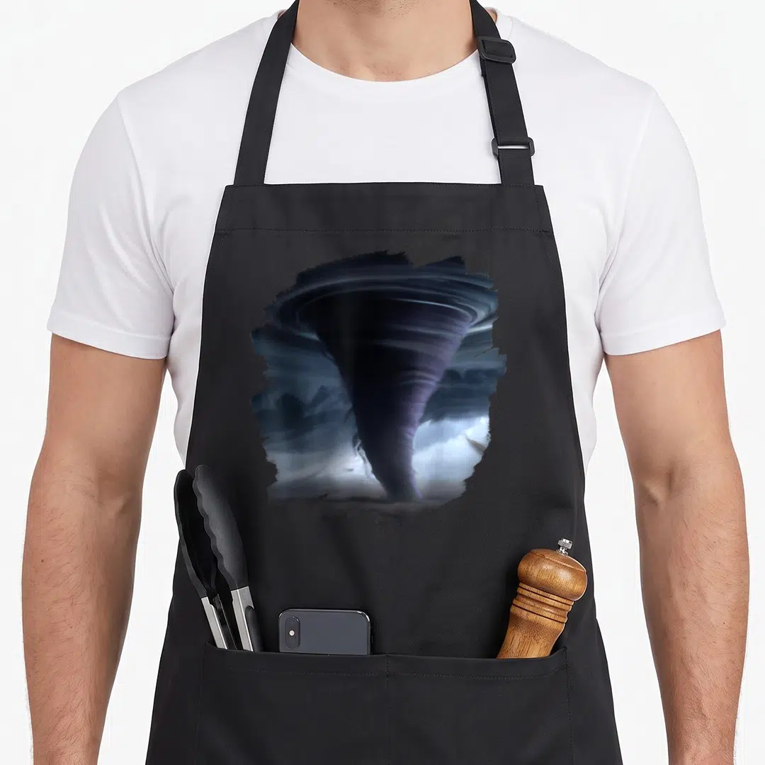 Nature meteorologist apron - Photo-style tornado funnel in dark purple grey and white storm clouds — shown on a black cotton canvas apron against a white background