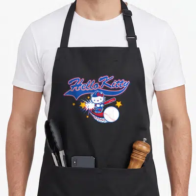 Run baseball apron - Hello Kitty holding a bat under a blue and red banner with stars and a baseball — shown on a black cotton canvas apron against a white background