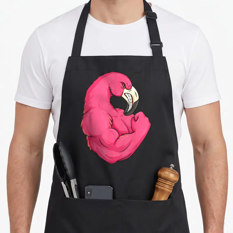 Flamingo muscle apron - Cartoon pink flamingo flexing a muscular arm with white beak and black outlines — shown on a black cotton canvas apron against a white background
