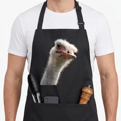 Ostrich face apron - Photo print of an ostrich head and neck in grey, white, and pink tones — shown on a black cotton canvas apron against a white background