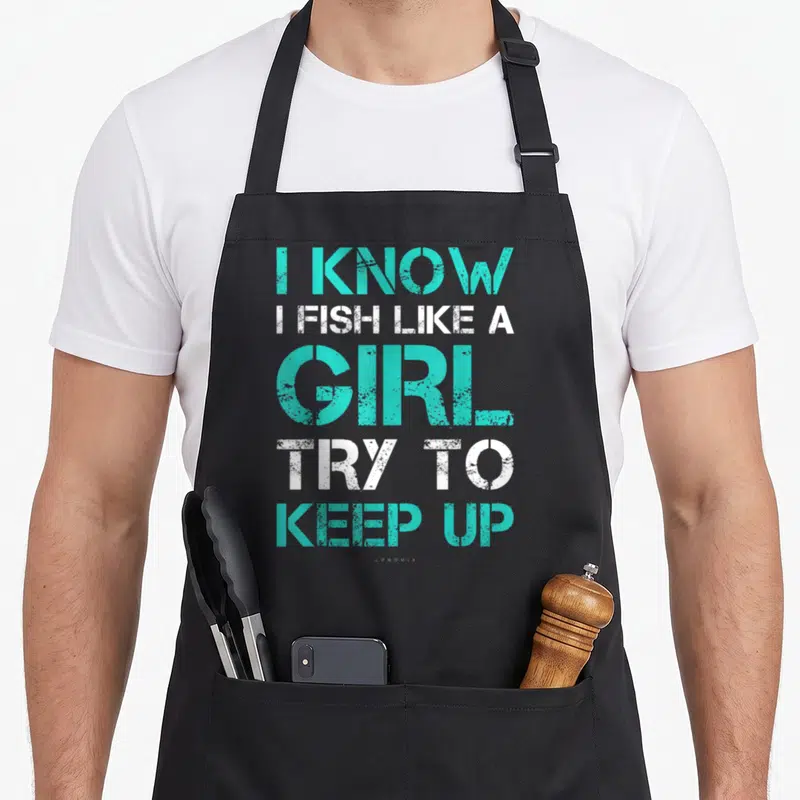 Cute fishing fish apron - Stacked teal and white text reading I KNOW I FISH LIKE A GIRL TRY TO KEEP UP — shown on a black cotton canvas apron against a white background
