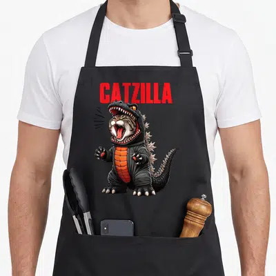 Kitty cat in an apron - Red CATZILLA text above a cat in a black and orange Godzilla costume with spikes — shown on a black cotton canvas apron against a white background