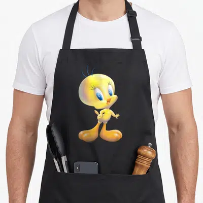 Tweety airbrushed bird apron - Yellow cartoon bird with blue eyes and orange feet standing on grey background — shown on a black cotton canvas apron against a white background