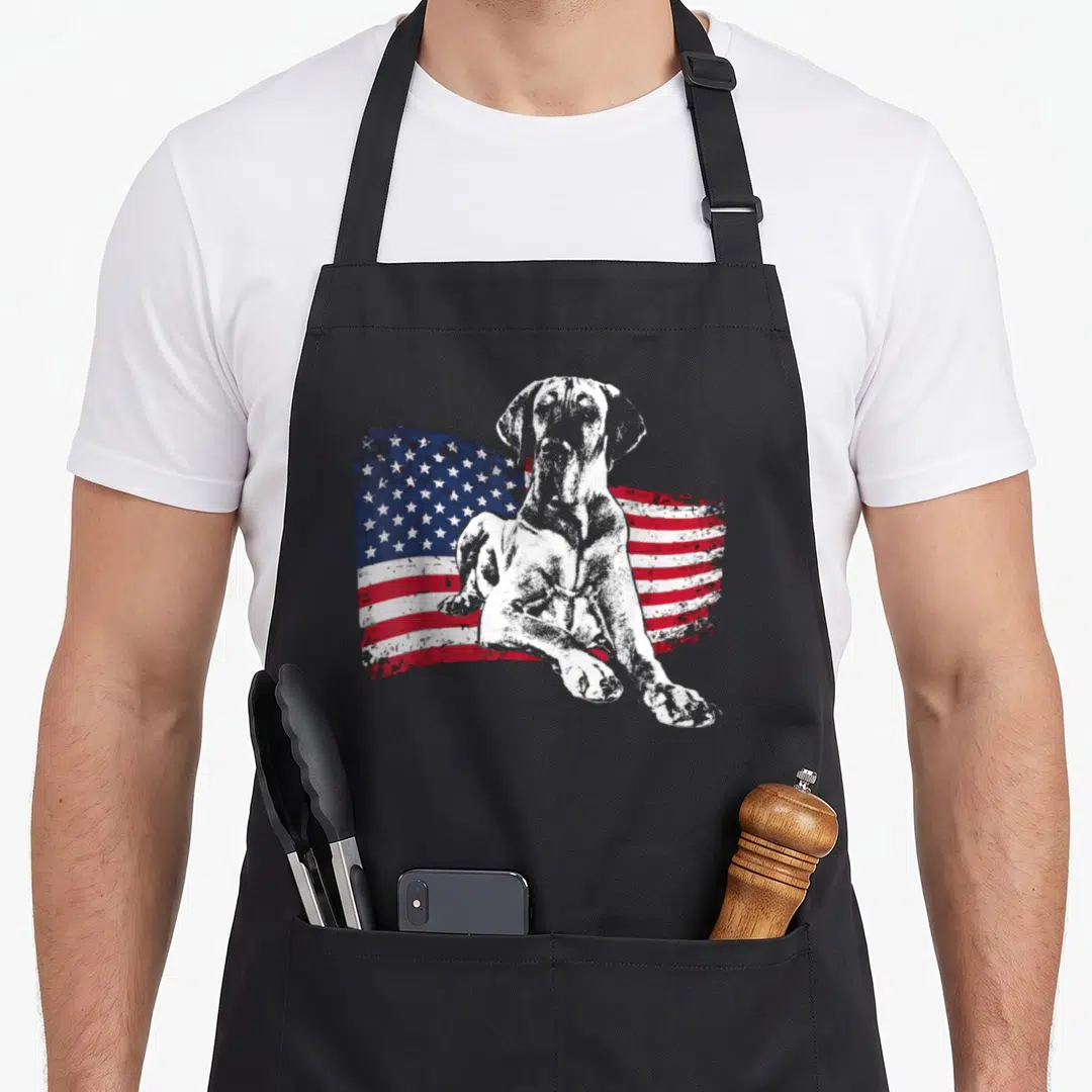 Vintage dane dog apron - Seated white grey dog in front of distressed red white blue USA flag — shown on a black cotton canvas apron against a white background