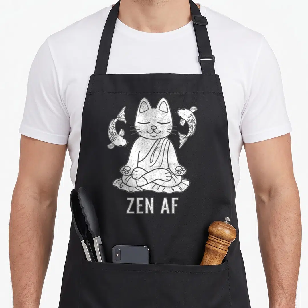 Meditating cat apron - White meditating cat flanked by two fish above ZEN AF text on grey background — shown on a black cotton canvas apron against a white background