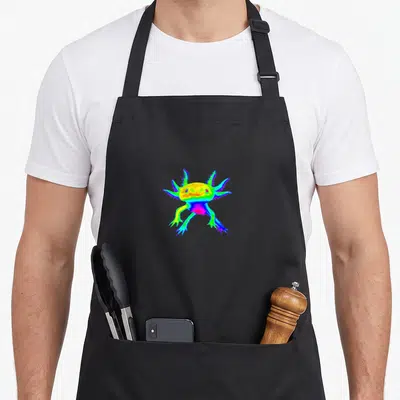 Trippy edm apron - Centered axolotl rendered in blue, green, yellow, red, purple photo style on gray background — shown on a black cotton canvas apron against a white background