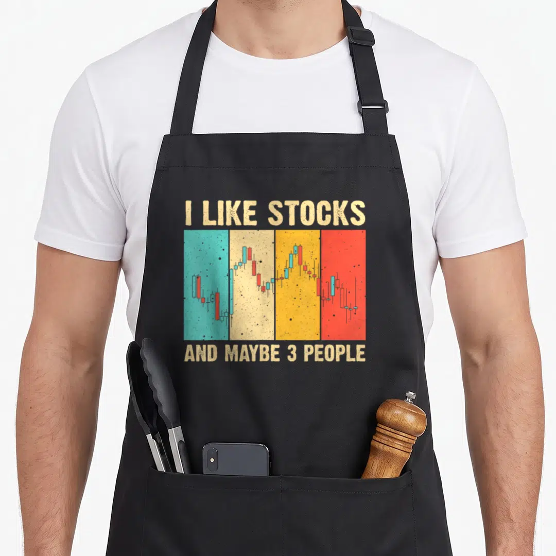 Stockbroker stock aprons - Retro chart with four colored blocks and text I like stocks and maybe 3 people — shown on a black cotton canvas apron against a white background