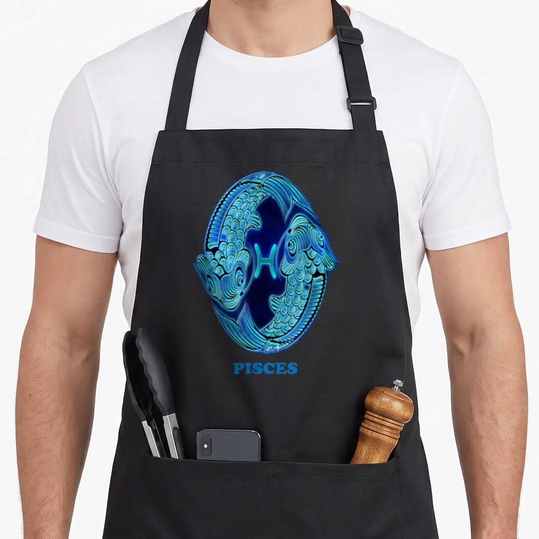Pisce personality zodiac aprons - Two blue fish circling an H glyph with PISCES text below — shown on a black cotton canvas apron against a white background