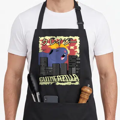 Loco japan apron - Blue guinea pig monster towering over city buildings with Katakana text and Guineazilla label — shown on a black cotton canvas apron against a white background