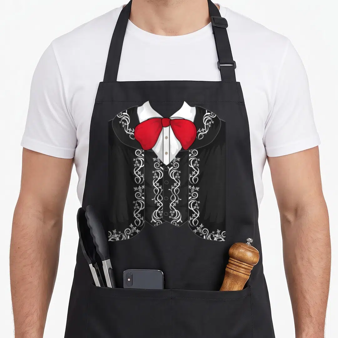Mariachi halloween mexican apron - Cartoon black jacket with white floral patterns, red bow tie, and black vest — shown on a black cotton canvas apron against a white background