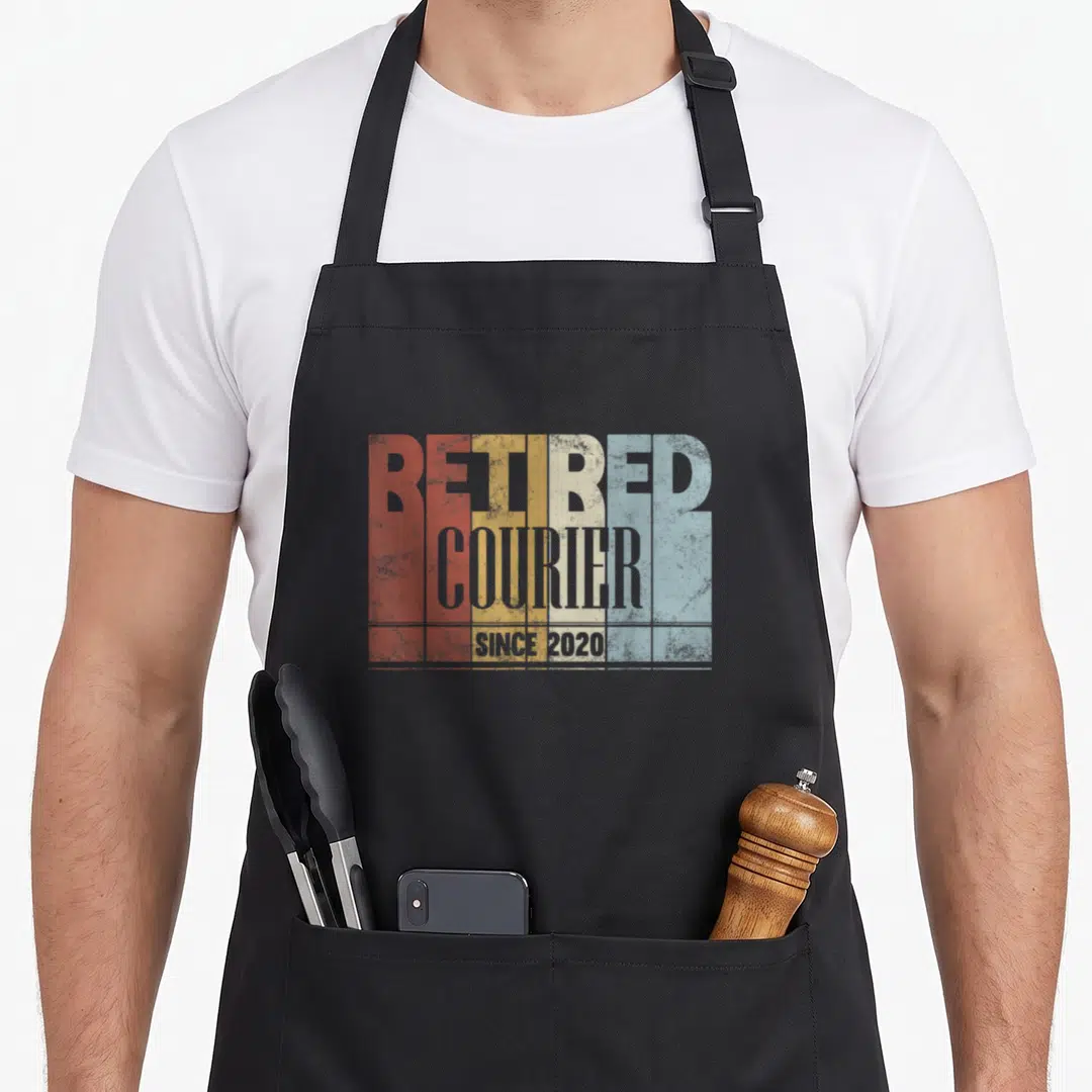 Courier retirement apron - Stacked text RETIRED COURIER SINCE 2020 with vertical red yellow white blue grey stripes — shown on a black cotton canvas apron against a white background