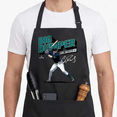 Player seattle apron - Big Dumper Cal Raleigh 29 baseball player in teal and navy blue — shown on a black cotton canvas apron against a white background