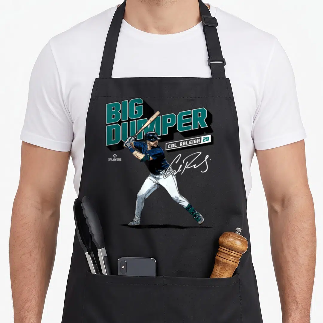 Player seattle apron - Big Dumper Cal Raleigh 29 baseball player in teal and navy blue — shown on a black cotton canvas apron against a white background