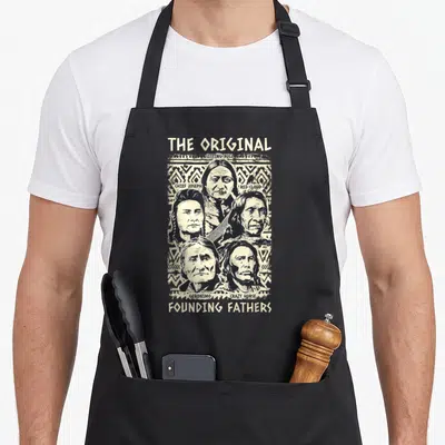 Original native american apron - Five black line-art portraits of Native leaders on beige geometric background — shown on a black cotton canvas apron against a white background