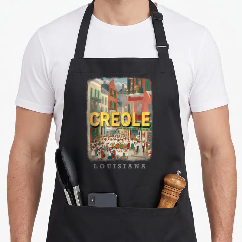 Creole french apron - Cartoon street scene with yellow CREOLE text, red buildings, and grey LOUISIANA label — shown on a black cotton canvas apron against a white background