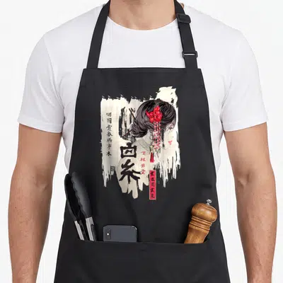 Geisha kawaii aprons - Woman's profile with red flower, black calligraphy, beige textured background, red bordered text — shown on a black cotton canvas apron against a white background