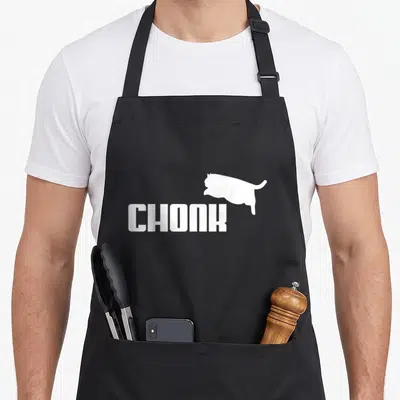 Chonk meme cat apron - White CHONK text with a cat silhouette positioned above and to the right — shown on a black cotton canvas apron against a white background