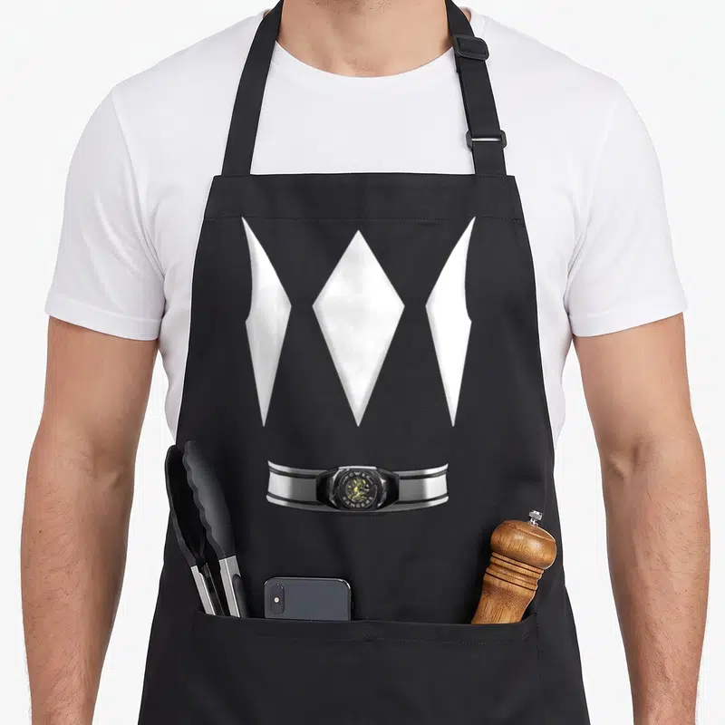 Funny blue halloween apron - Silver belt buckle reading POWER RANGERS below three white diamond shapes on black fabric — shown on a black cotton canvas apron against a white background